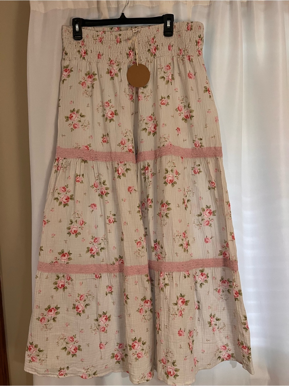 BiBi Cream Maxi Skirt with Pink Floral Lace Tiers